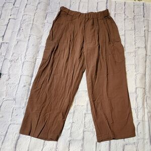 Linen pants olive green stretch waist cargo pockets pants